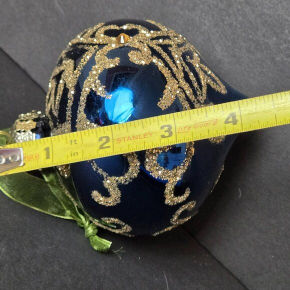 Frontgate Blue Gold Glitter Swirl Glass Ornament 4 Inch Hand Decorated Holiday - Picture 7 of 8